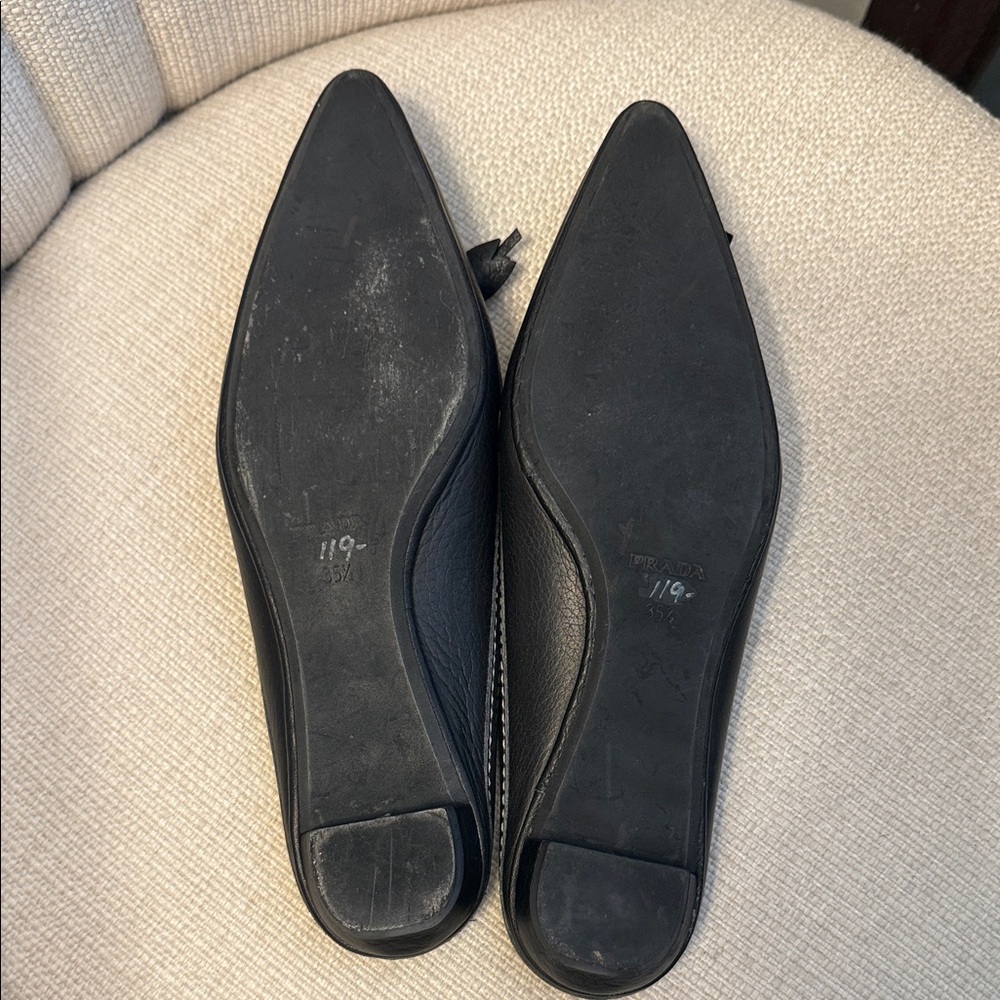 Women's Prada Black Leather Slipper Mule with White Stitching and Tassels - Picture 2 of 5